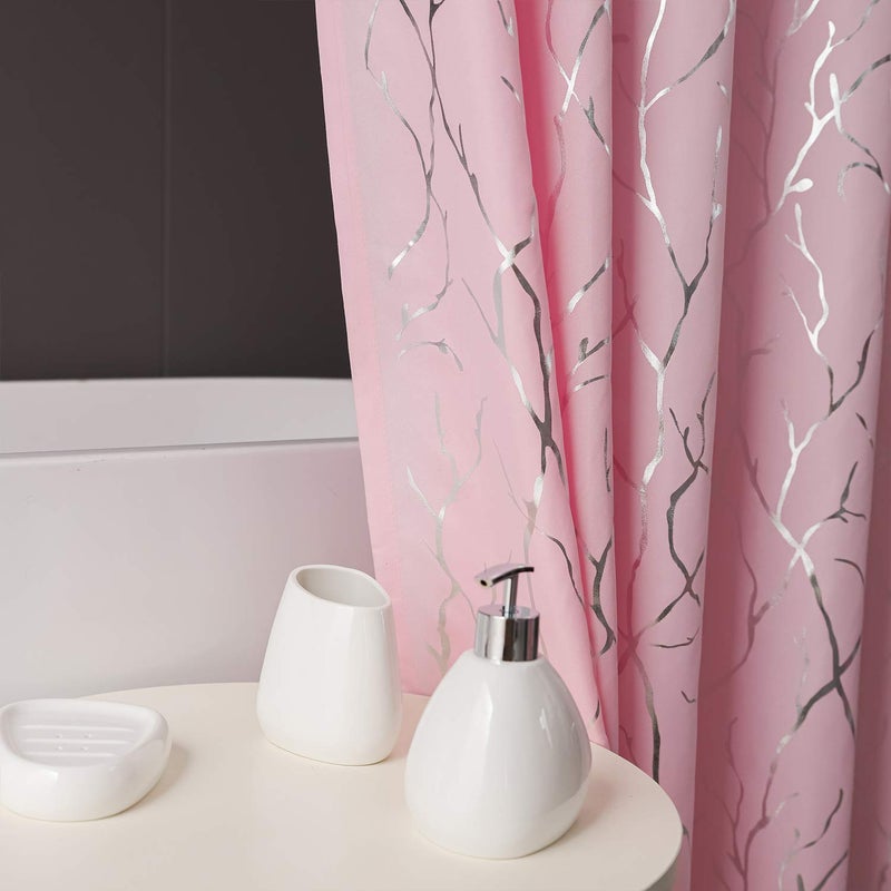 FINECITY Pink Shower Curtain Set - Metallic Silver Foil Tree Branch Pattern Print Grommet Shower Curtain with 12 Hooks for Bathroom (NOT Waterproof), 72 x 72 Inch, Silver Pink - Image 4